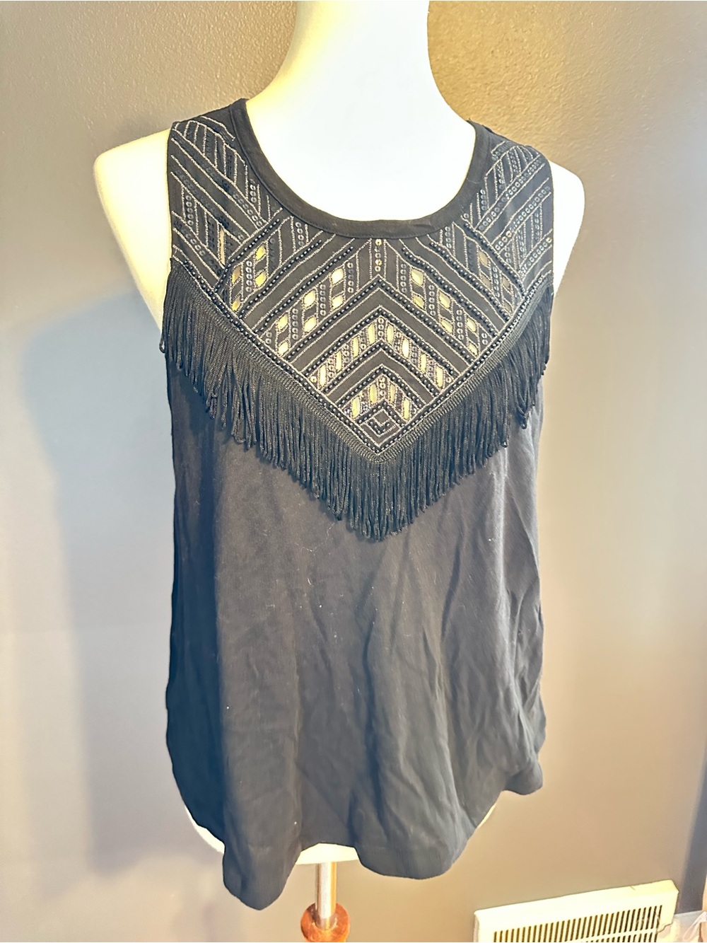 Express Black Art Deco Beaded Fringe Tank Top L Cutout Gatsby Boho